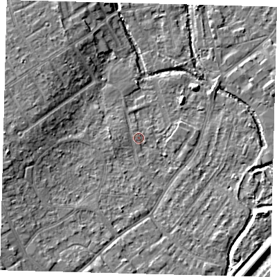 Shaded relief map of the ground around SM52ES, computed from Environment Agency LiDAR. The ground here sits at about 27 m above sea level and falls 11 m across the surrounding 800 m. Surface water reaching this point runs off ground lying to the west-south-west, 4.4 m higher.