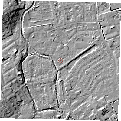 Shaded relief map of the ground around SM52FE, computed from Environment Agency LiDAR. The ground here sits at about 24 m above sea level and falls 9 m across the surrounding 800 m. Surface water reaching this point runs off ground lying to the east-south-east, 1.0 m higher.