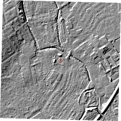 Shaded relief map of the ground around SM52FS, computed from Environment Agency LiDAR. The ground here sits at about 25 m above sea level and falls 10 m across the surrounding 800 m. Surface water reaching this point runs off ground lying to the south-south-east, 9.0 m higher.