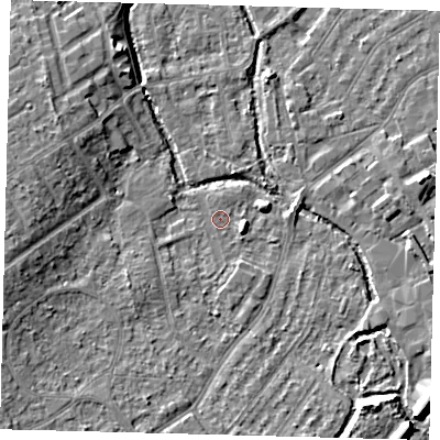 Shaded relief map of the ground around SM52HD, computed from Environment Agency LiDAR. The ground here sits at about 25 m above sea level and falls 10 m across the surrounding 800 m. Surface water reaching this point runs off ground lying to the west-south-west, 5.1 m higher.