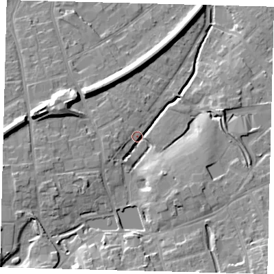 Shaded relief map of the ground around SM52JR, computed from Environment Agency LiDAR. The ground here sits at about 34 m above sea level and falls 16 m across the surrounding 800 m. Surface water reaching this point runs off ground lying to the south-south-west, 12.0 m higher.