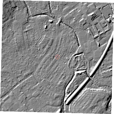 Shaded relief map of the ground around SM52LZ, computed from Environment Agency LiDAR. The ground here sits at about 26 m above sea level and falls 12 m across the surrounding 800 m. Surface water reaching this point runs off ground lying to the south, 10.8 m higher.