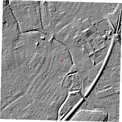 Shaded relief map of the ground around SM52NB, computed from Environment Agency LiDAR. The ground here sits at about 26 m above sea level and falls 11 m across the surrounding 800 m. Surface water reaching this point runs off ground lying to the south-east, 1.0 m higher.