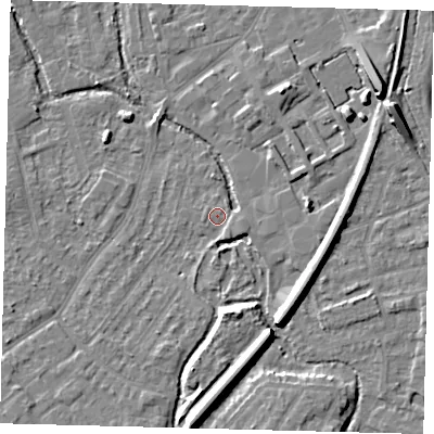 Shaded relief map of the ground around SM52NE, computed from Environment Agency LiDAR. The ground here sits at about 26 m above sea level and falls 11 m across the surrounding 800 m. Surface water reaching this point runs off ground lying to the south-east, 1.6 m higher.