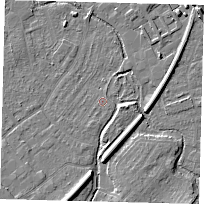 Shaded relief map of the ground around SM52NH, computed from Environment Agency LiDAR. The ground here sits at about 27 m above sea level and falls 14 m across the surrounding 800 m. Surface water reaching this point runs off ground lying to the south-south-west, 2.1 m higher.