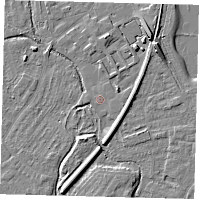Shaded relief map of the ground around SM67AH, computed from Environment Agency LiDAR. The ground here sits at about 27 m above sea level and falls 11 m across the surrounding 800 m. Surface water reaching this point runs off ground lying to the south, 6.0 m higher.