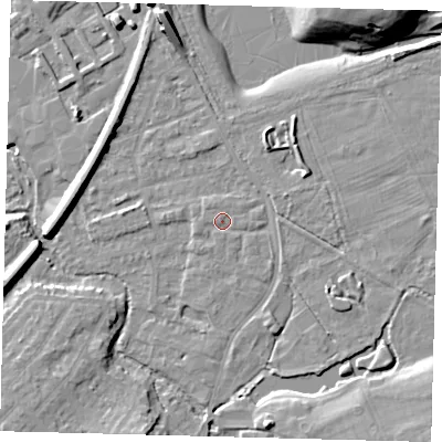 Shaded relief map of the ground around SM67BS, computed from Environment Agency LiDAR. The ground here sits at about 28 m above sea level and falls 13 m across the surrounding 800 m. Surface water reaching this point runs off ground lying to the west-south-west, 0.7 m higher.