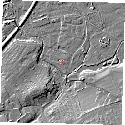 Shaded relief map of the ground around SM67DJ, computed from Environment Agency LiDAR. The ground here sits at about 28 m above sea level and falls 13 m across the surrounding 800 m. Surface water reaching this point runs off ground lying to the south-west, 0.5 m higher.