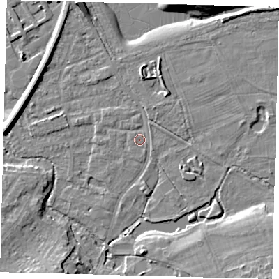 Shaded relief map of the ground around SM67DU, computed from Environment Agency LiDAR. The ground here sits at about 28 m above sea level and falls 11 m across the surrounding 800 m. Surface water reaching this point runs off ground lying to the south-south-east, 1.0 m higher.