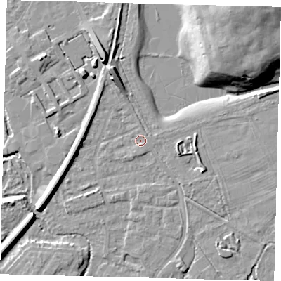 Shaded relief map of the ground around SM67EA, computed from Environment Agency LiDAR. The ground here sits at about 27 m above sea level and falls 21 m across the surrounding 800 m. Surface water reaching this point runs off ground lying to the south-south-east, 1.3 m higher.