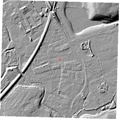 Shaded relief map of the ground around SM67EF, computed from Environment Agency LiDAR. The ground here sits at about 27 m above sea level and falls 15 m across the surrounding 800 m. Surface water reaching this point runs off ground lying to the east-south-east, 2.8 m higher.