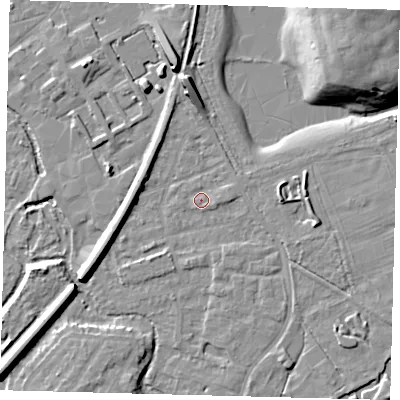 Shaded relief map of the ground around SM67EG, computed from Environment Agency LiDAR. The ground here sits at about 28 m above sea level and falls 20 m across the surrounding 800 m. Surface water reaching this point runs off ground lying to the east-south-east, 1.3 m higher.