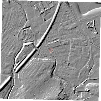Shaded relief map of the ground around SM67EN, computed from Environment Agency LiDAR. The ground here sits at about 27 m above sea level and falls 13 m across the surrounding 800 m. Surface water reaching this point runs off ground lying to the east, 2.0 m higher.
