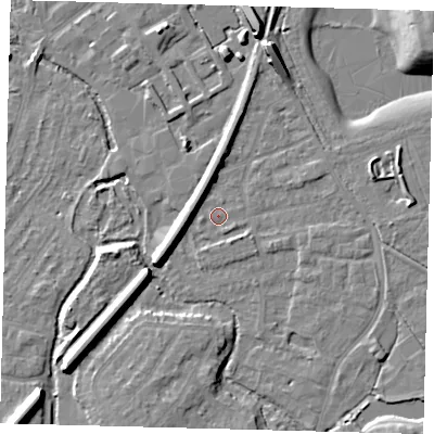 Shaded relief map of the ground around SM67EP, computed from Environment Agency LiDAR. The ground here sits at about 27 m above sea level and falls 15 m across the surrounding 800 m. Surface water reaching this point runs off ground lying to the north-north-east, 7.1 m higher.