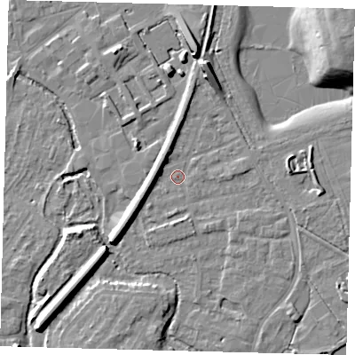 Shaded relief map of the ground around SM67EQ, computed from Environment Agency LiDAR. The ground here sits at about 27 m above sea level and falls 17 m across the surrounding 800 m. Surface water reaching this point runs off ground lying to the north-north-east, 7.1 m higher.