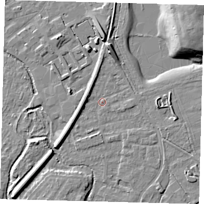 Shaded relief map of the ground around SM67ER, computed from Environment Agency LiDAR. The ground here sits at about 27 m above sea level and falls 19 m across the surrounding 800 m. Surface water reaching this point runs off ground lying to the north, 7.1 m higher.