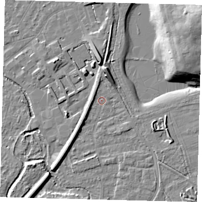 Shaded relief map of the ground around SM67ET, computed from Environment Agency LiDAR. The ground here sits at about 27 m above sea level and falls 22 m across the surrounding 800 m. Surface water reaching this point runs off ground lying to the north, 6.7 m higher.