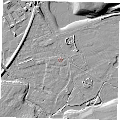 Shaded relief map of the ground around SM67EX, computed from Environment Agency LiDAR. The ground here sits at about 28 m above sea level and falls 14 m across the surrounding 800 m. Surface water reaching this point runs off ground lying to the south, 0.6 m higher.