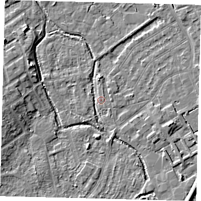 Shaded relief map of the ground around SM67GE, computed from Environment Agency LiDAR. The ground here sits at about 25 m above sea level and falls 8 m across the surrounding 800 m. Surface water reaching this point runs off ground lying to the west, 6.3 m higher.