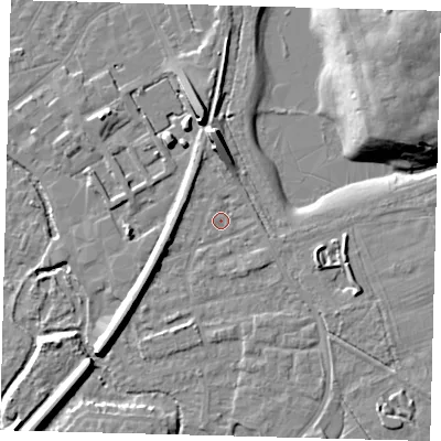 Shaded relief map of the ground around SM67GH, computed from Environment Agency LiDAR. The ground here sits at about 27 m above sea level and falls 22 m across the surrounding 800 m. Surface water reaching this point runs off ground lying to the north, 1.0 m higher.
