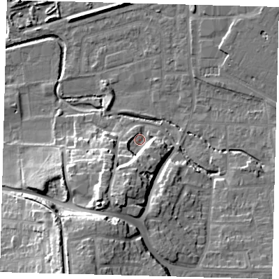 Shaded relief map of the ground around SM67LH, computed from Environment Agency LiDAR. The ground here sits at about 34 m above sea level and falls 27 m across the surrounding 800 m. Surface water reaching this point runs off ground lying to the south-south-west, 13.2 m higher.