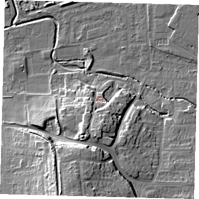 Shaded relief map of the ground around SM67LY, computed from Environment Agency LiDAR. The ground here sits at about 39 m above sea level and falls 28 m across the surrounding 800 m. Surface water reaching this point runs off ground lying to the south, 11.9 m higher.
