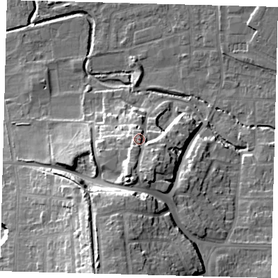 Shaded relief map of the ground around SM67LZ, computed from Environment Agency LiDAR. The ground here sits at about 44 m above sea level and falls 29 m across the surrounding 800 m. Surface water reaching this point runs off ground lying to the south, 8.3 m higher.
