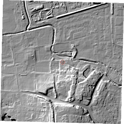 Shaded relief map of the ground around SM67NF, computed from Environment Agency LiDAR. The ground here sits at about 34 m above sea level and falls 27 m across the surrounding 800 m. Surface water reaching this point runs off ground lying to the south-south-east, 15.4 m higher.
