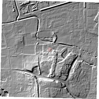 Shaded relief map of the ground around SM67NG, computed from Environment Agency LiDAR. The ground here sits at about 35 m above sea level and falls 27 m across the surrounding 800 m. Surface water reaching this point runs off ground lying to the south, 15.8 m higher.