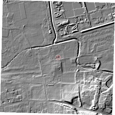 Shaded relief map of the ground around SM67NJ, computed from Environment Agency LiDAR. The ground here sits at about 32 m above sea level and falls 23 m across the surrounding 800 m. Surface water reaching this point runs off ground lying to the south, 2.8 m higher.