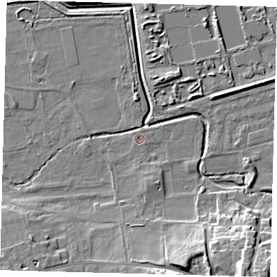 Shaded relief map of the ground around SM67NN, computed from Environment Agency LiDAR. The ground here sits at about 32 m above sea level and falls 22 m across the surrounding 800 m. Surface water reaching this point runs off ground lying to the south-east, 0.6 m higher.