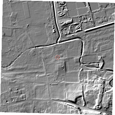 Shaded relief map of the ground around SM67NW, computed from Environment Agency LiDAR. The ground here sits at about 32 m above sea level and falls 24 m across the surrounding 800 m. Surface water reaching this point runs off ground lying to the south-south-east, 2.8 m higher.