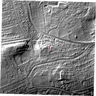 Shaded relief map of the ground around SM69LB, computed from Environment Agency LiDAR. The ground here sits at about 97 m above sea level and falls 27 m across the surrounding 800 m. Surface water reaching this point runs off ground lying to the south, 2.7 m higher.