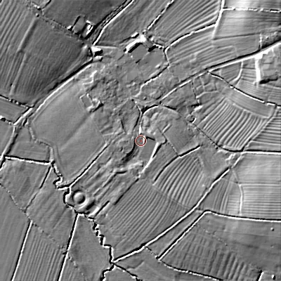 Shaded relief map of the ground around SN101SB, computed from Environment Agency LiDAR. The ground here sits at about 52 m above sea level and falls 17 m across the surrounding 800 m. Surface water reaching this point runs off ground lying to the south, 1.9 m higher.