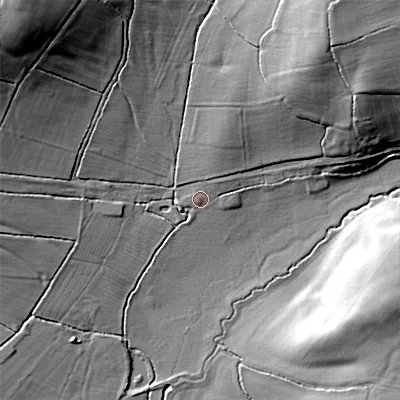 Shaded relief map of the ground around SN101SY, computed from Environment Agency LiDAR. The ground here sits at about 58 m above sea level and falls 29 m across the surrounding 800 m. Surface water reaching this point runs off ground lying to the north-east, 2.2 m higher.