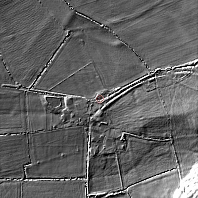 Shaded relief map of the ground around SN102JF, computed from Environment Agency LiDAR. The ground here sits at about 77 m above sea level and falls 23 m across the surrounding 800 m. Surface water reaching this point runs off ground lying to the east-north-east, 5.6 m higher.