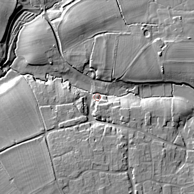Shaded relief map of the ground around SN102QD, computed from Environment Agency LiDAR. The ground here sits at about 66 m above sea level and falls 17 m across the surrounding 800 m. Surface water reaching this point runs off ground lying to the north-east, 10.9 m higher.