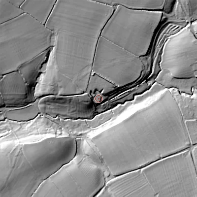 Shaded relief map of the ground around SN102QH, computed from Environment Agency LiDAR. The ground here sits at about 67 m above sea level and falls 23 m across the surrounding 800 m. Surface water reaching this point runs off ground lying to the north-north-west, 10.1 m higher.