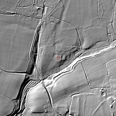 Shaded relief map of the ground around SN102QQ, computed from Environment Agency LiDAR. The ground here sits at about 67 m above sea level and falls 20 m across the surrounding 800 m. Surface water reaching this point runs off ground lying to the north, 1.5 m higher.