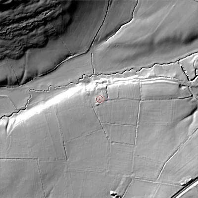 Shaded relief map of the ground around SN103JA, computed from Environment Agency LiDAR. The ground here sits at about 86 m above sea level and falls 46 m across the surrounding 800 m. Surface water reaching this point runs off ground lying to the east-south-east, 3.1 m higher.