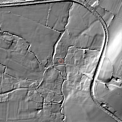 Shaded relief map of the ground around SN103NE, computed from Environment Agency LiDAR. The ground here sits at about 123 m above sea level and falls 22 m across the surrounding 800 m. Surface water reaching this point runs off ground lying to the east-south-east, 9.5 m higher.