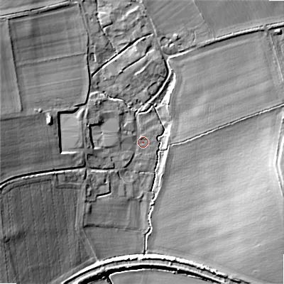 Shaded relief map of the ground around SN103NL, computed from Environment Agency LiDAR. The ground here sits at about 127 m above sea level and falls 20 m across the surrounding 800 m. Surface water reaching this point runs off ground lying to the west, 18.8 m higher.