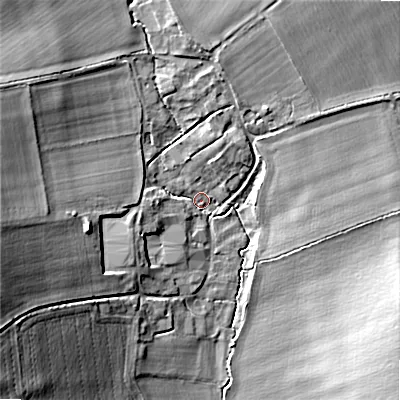 Shaded relief map of the ground around SN103NN, computed from Environment Agency LiDAR. The ground here sits at about 128 m above sea level and falls 21 m across the surrounding 800 m. Surface water reaching this point runs off ground lying to the west-south-west, 18.8 m higher.