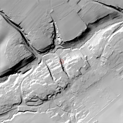 Shaded relief map of the ground around SN104AN, computed from Environment Agency LiDAR. The ground here sits at about 84 m above sea level and falls 32 m across the surrounding 800 m. Surface water reaching this point runs off ground lying to the east-south-east, 13.4 m higher.