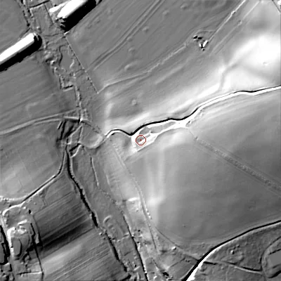 Shaded relief map of the ground around SN104EP, computed from Environment Agency LiDAR. The ground here sits at about 77 m above sea level and falls 44 m across the surrounding 800 m. Surface water reaching this point runs off ground lying to the east, 28.8 m higher.