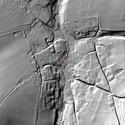Shaded relief map of the ground around SN104LD, computed from Environment Agency LiDAR. The ground here sits at about 78 m above sea level and falls 54 m across the surrounding 800 m. Surface water reaching this point runs off ground lying to the west, 9.8 m higher.