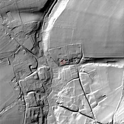 Shaded relief map of the ground around SN104LG, computed from Environment Agency LiDAR. The ground here sits at about 80 m above sea level and falls 53 m across the surrounding 800 m. Surface water reaching this point runs off ground lying to the north-north-east, 8.1 m higher.