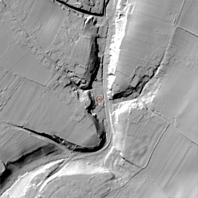 Shaded relief map of the ground around SN104NY, computed from Environment Agency LiDAR. The ground here sits at about 92 m above sea level and falls 33 m across the surrounding 800 m. Surface water reaching this point runs off ground lying to the north-west, 26.0 m higher.