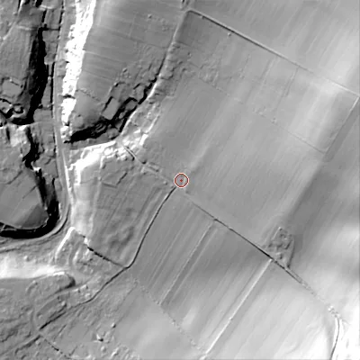 Shaded relief map of the ground around SN104PB, computed from Environment Agency LiDAR. The ground here sits at about 102 m above sea level and falls 56 m across the surrounding 800 m. Surface water reaching this point runs off ground lying to the east-north-east, 24.3 m higher.