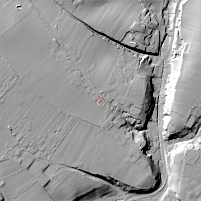 Shaded relief map of the ground around SN104PD, computed from Environment Agency LiDAR. The ground here sits at about 109 m above sea level and falls 32 m across the surrounding 800 m. Surface water reaching this point runs off ground lying to the north-west, 9.0 m higher.